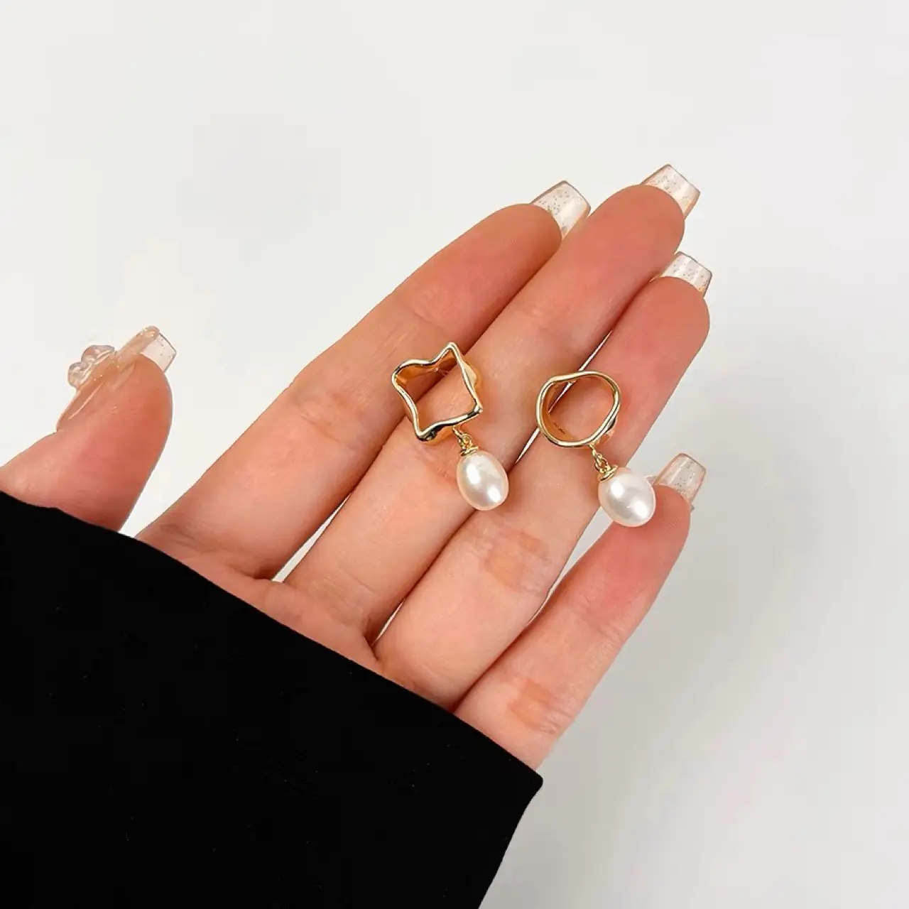 Fangyuan Asymmetric Pearl Silver Pin Earrings All Match Korean Style - Image 5