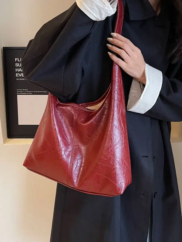 Women's Large Capacity Leather Bucket Bag Tan 2023 - Image 7