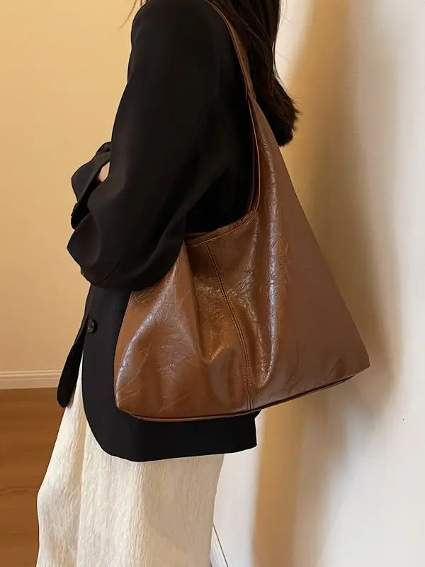 Women's Large Capacity Leather Bucket Bag Tan 2023 - Image 8