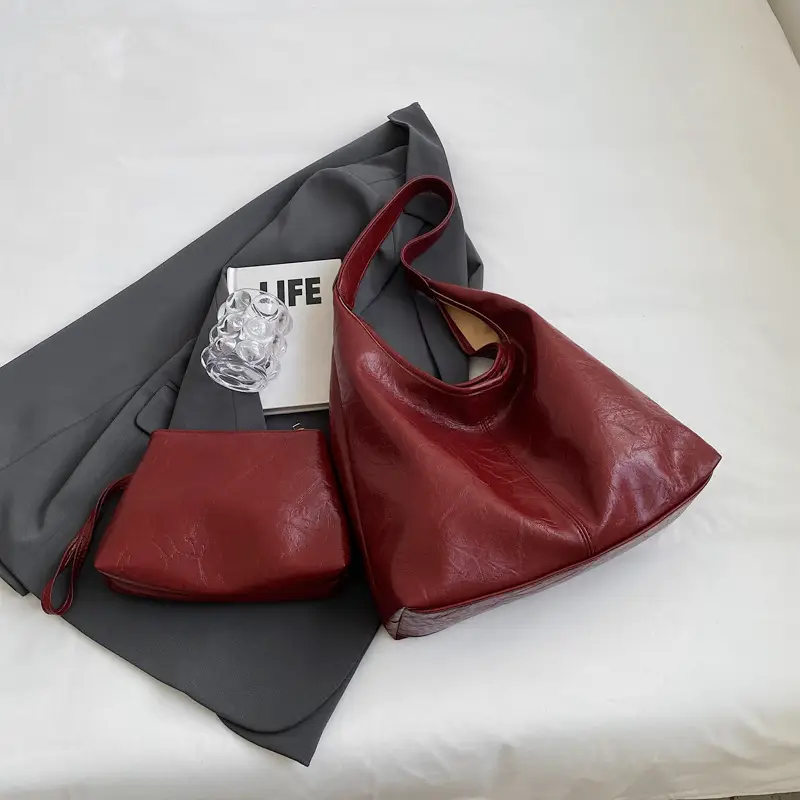 Women's Large Capacity Leather Bucket Bag Tan 2023 - Image 3