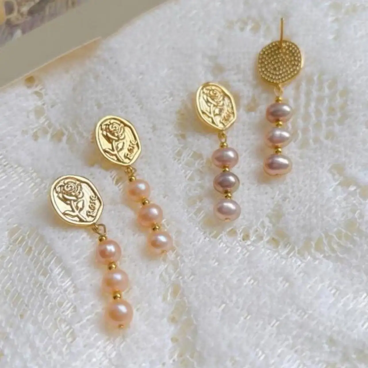 New Gold Embossed Rose Freshwater Pearl Earrings 925 Silver - Image 2