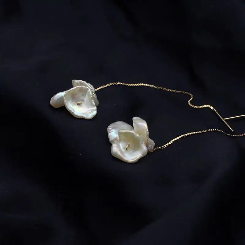 Luxury Petal Pearl Earrings 18k Gold 925 - Image 3
