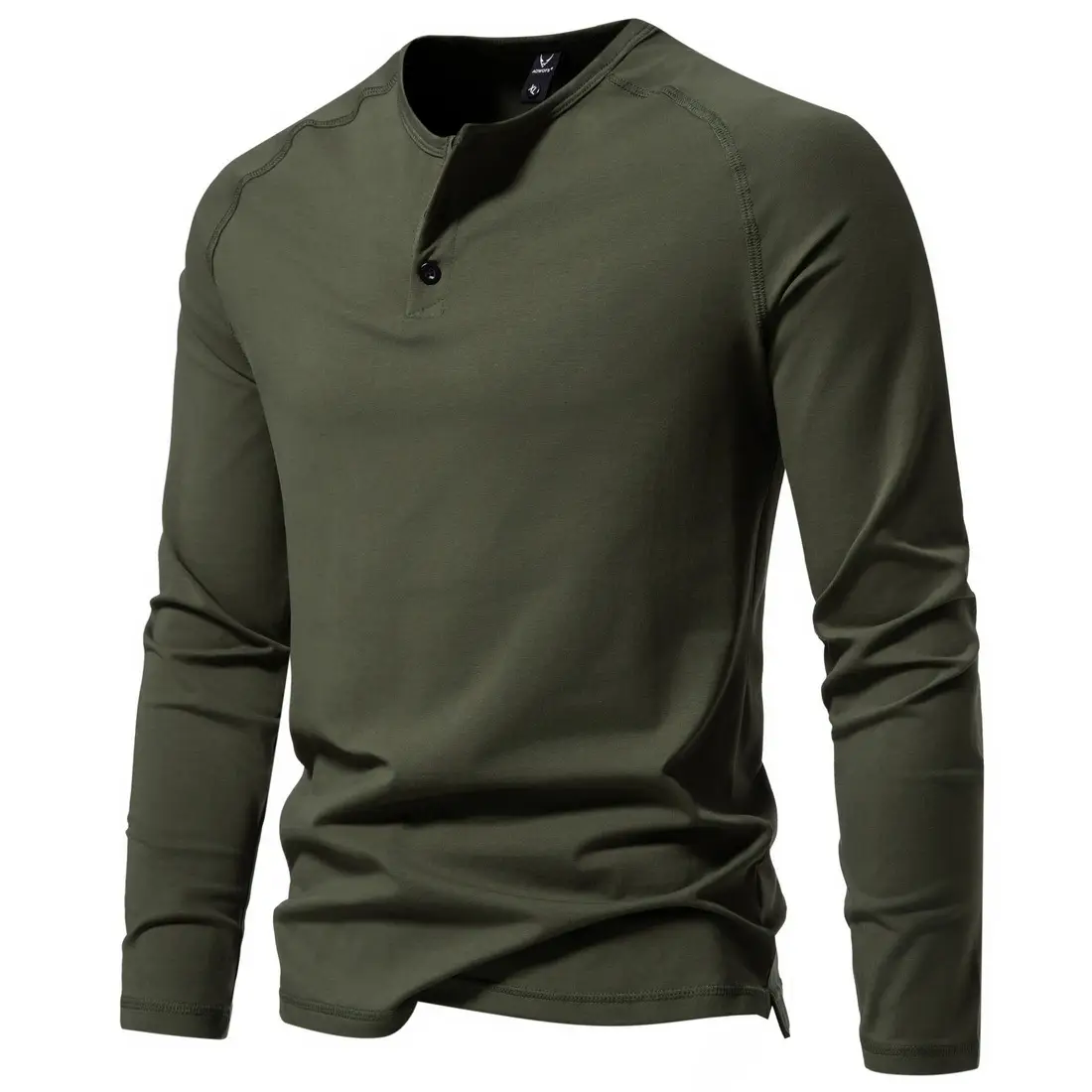 Men's Long Sleeve Retro Button T-Shirt Olive Green — feature 13