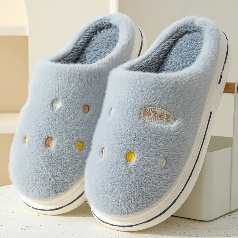 Online popular cotton slippers couple home indoor non-slip winter thickened warm woolen slippers wholesale one-piece delivery - Image 3