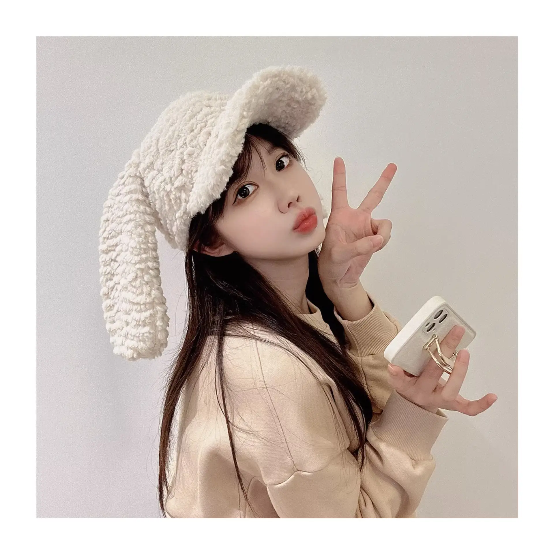 Plush Beige Rabbit Ears Baseball Cap for Women Winter