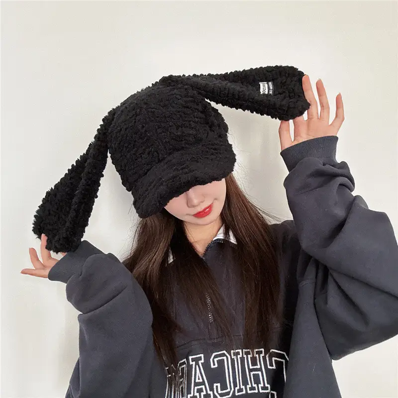 Plush Beige Rabbit Ears Baseball Cap for Women Winter