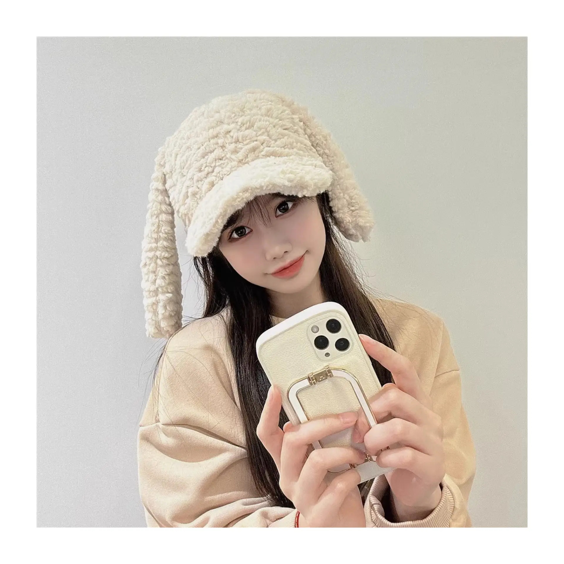 Plush Beige Rabbit Ears Baseball Cap for Women Winter — feature 2