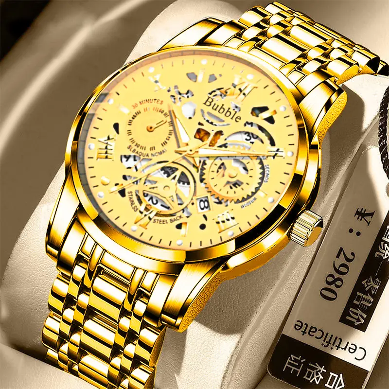 Bubble Brand Trendy High-end Light Luxury All-match Automatic Quartz Luminous Waterproof Roman Hollow Men's Watch