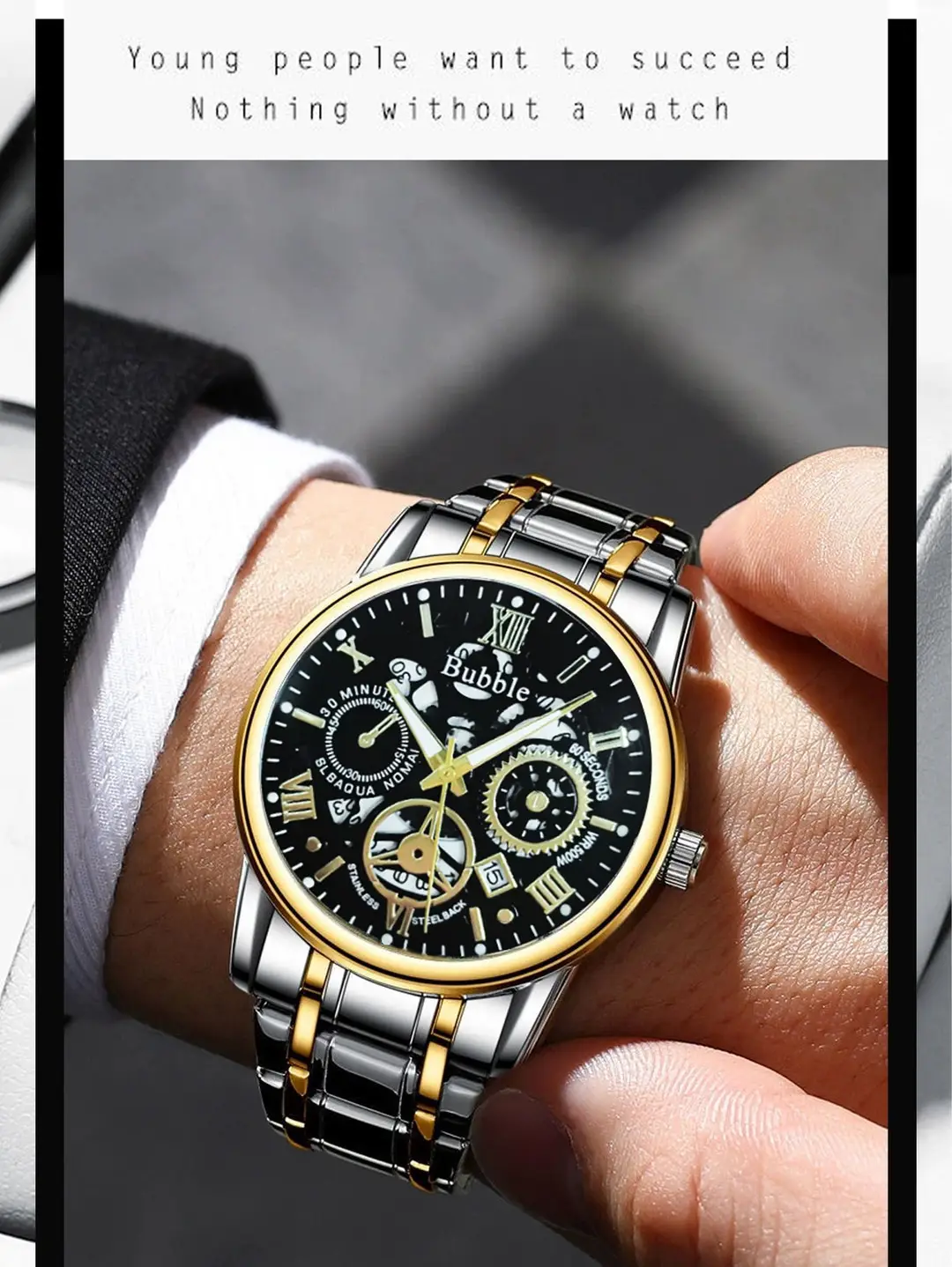 Bubble Brand Trendy High-end Light Luxury All-match Automatic Quartz Luminous Waterproof Roman Hollow Men's Watch — feature 11