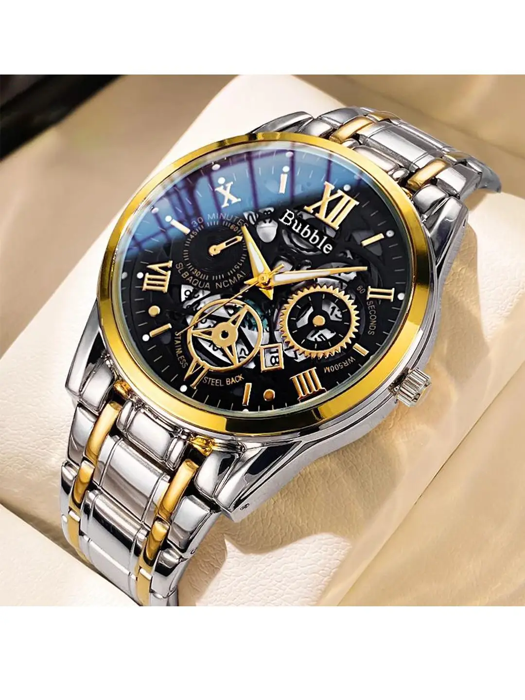 Bubble Brand Trendy High-end Light Luxury All-match Automatic Quartz Luminous Waterproof Roman Hollow Men's Watch — feature 13