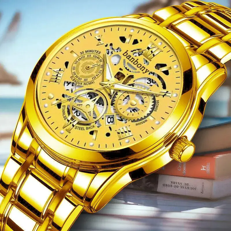 Bubble Brand Trendy High-end Light Luxury All-match Automatic Quartz Luminous Waterproof Roman Hollow Men's Watch — feature 8