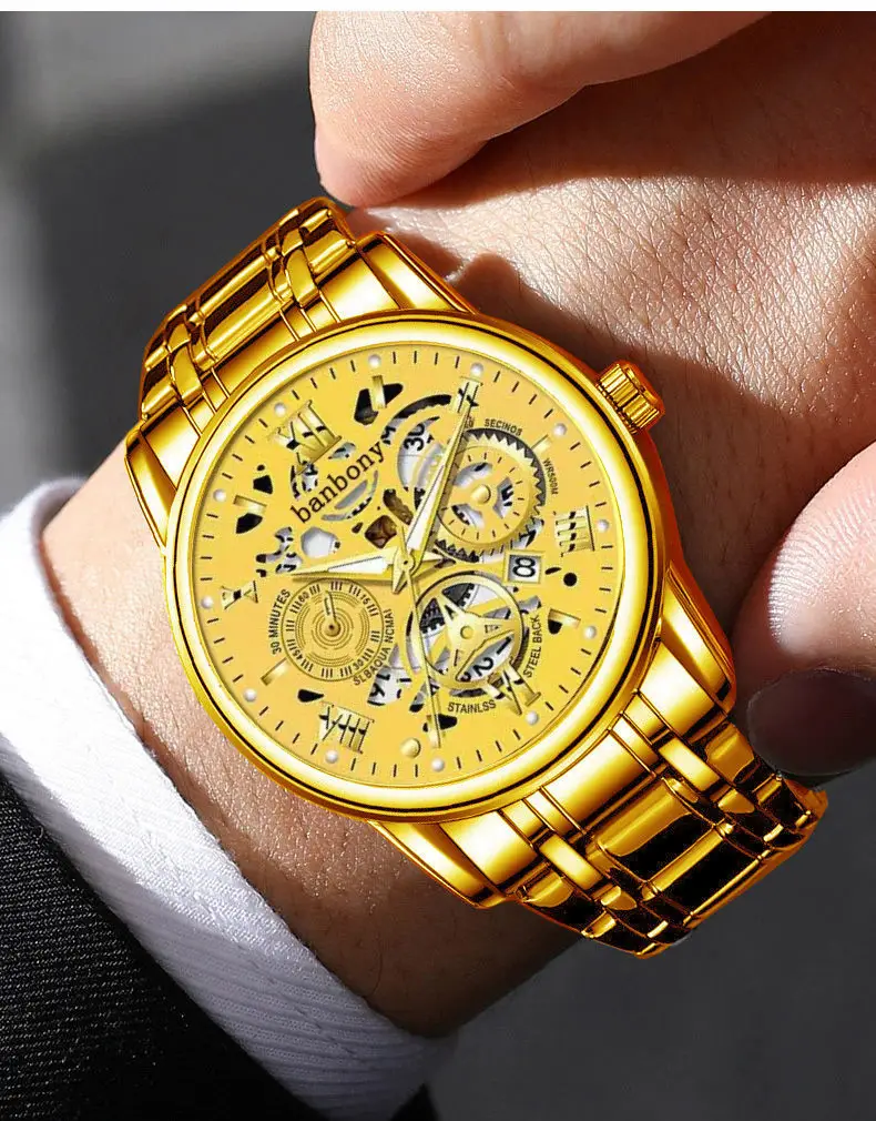 Bubble Brand Trendy High-end Light Luxury All-match Automatic Quartz Luminous Waterproof Roman Hollow Men's Watch — feature 9