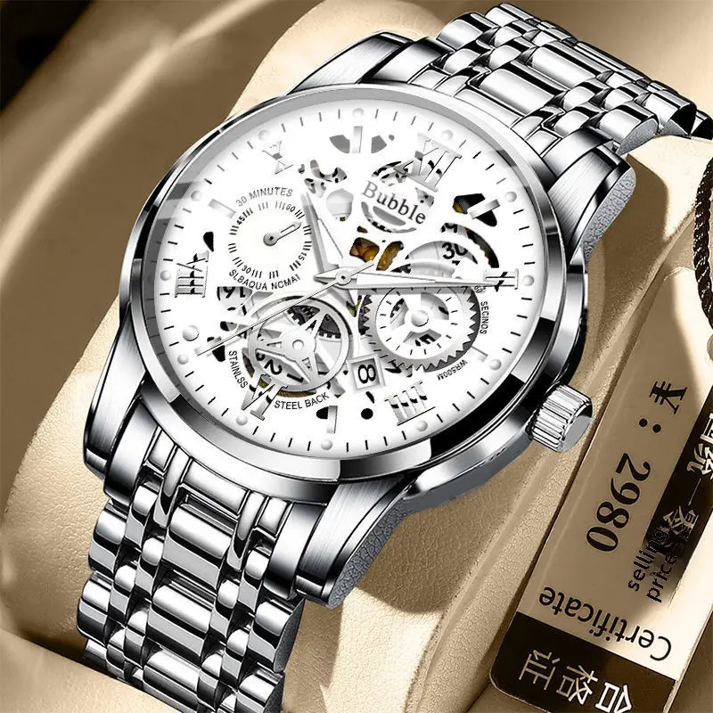 Bubble Brand Trendy High-end Light Luxury All-match Automatic Quartz Luminous Waterproof Roman Hollow Men's Watch