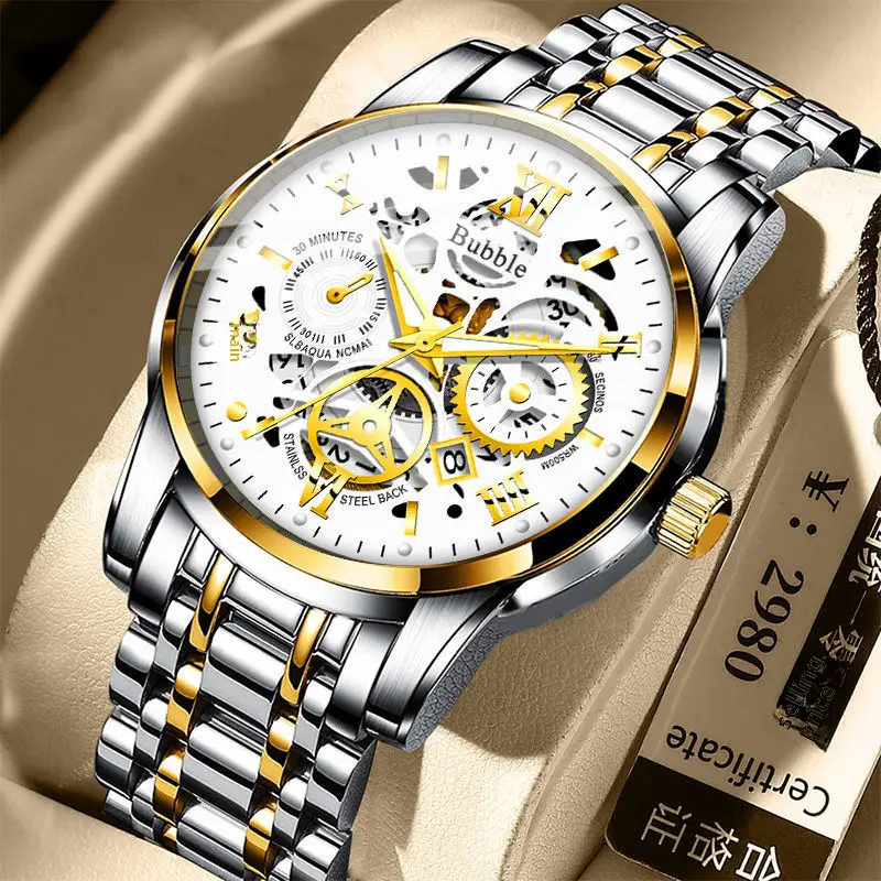Bubble Brand Trendy High-end Light Luxury All-match Automatic Quartz Luminous Waterproof Roman Hollow Men's Watch