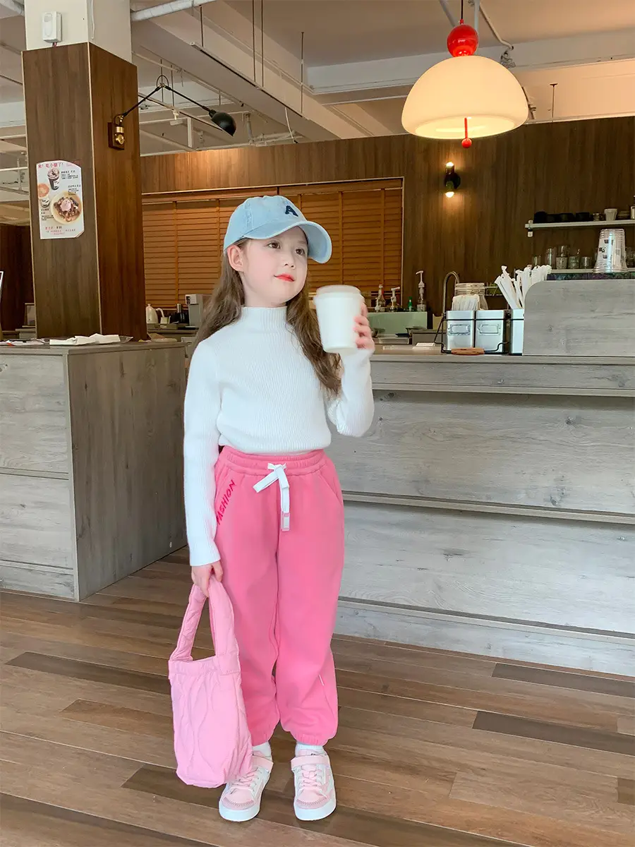Girls Grey Sweatpants with Letter Print & Elastic Belt
