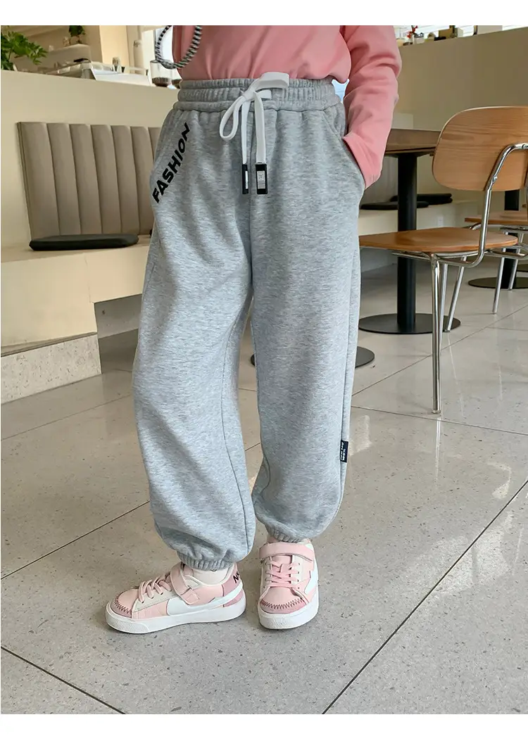 Girls Grey Sweatpants with Letter Print & Elastic Belt — feature 13