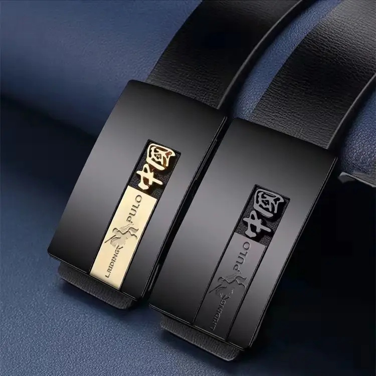 Men's Black PU Leather Belt with Brand Logo - Image 3