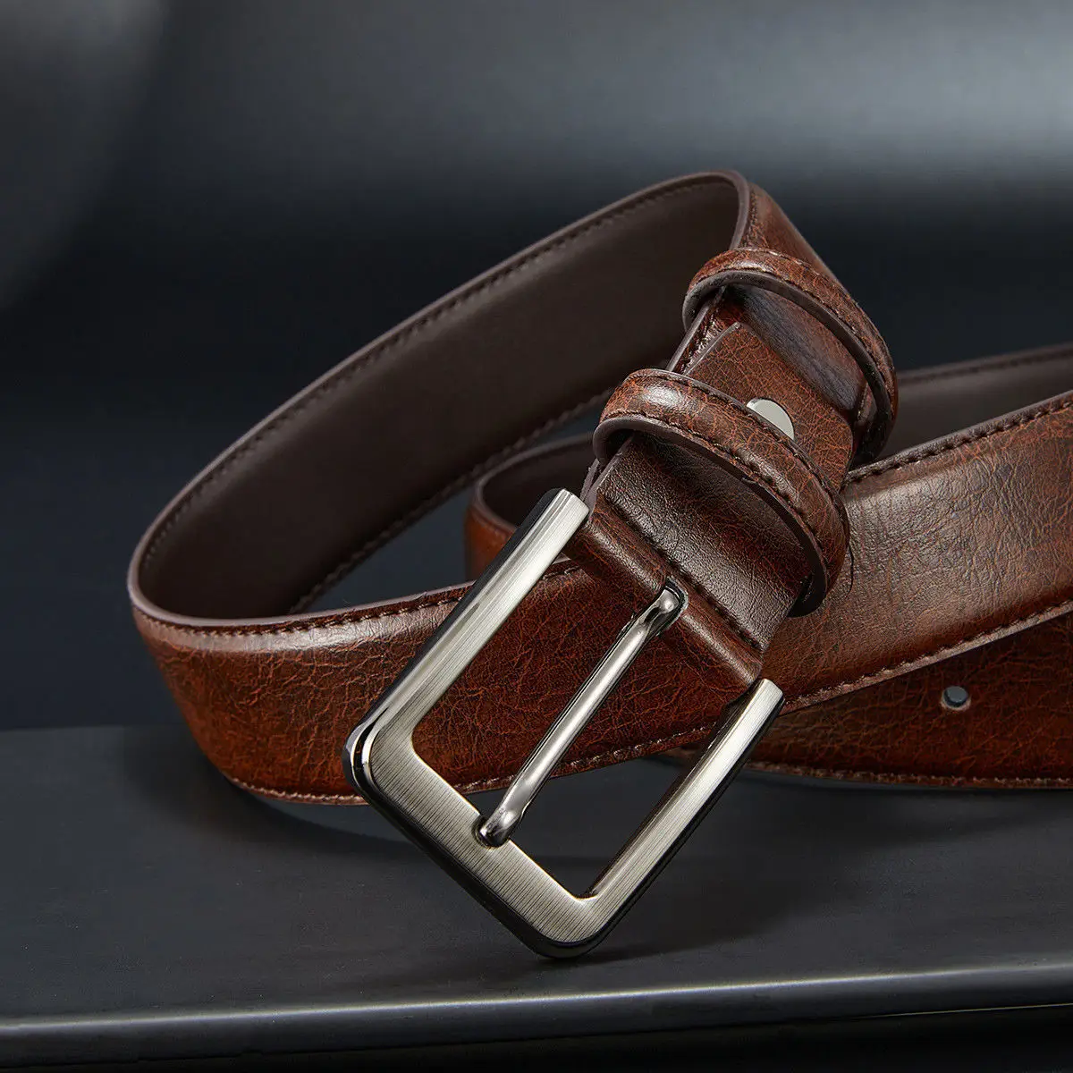 Men's Brown Leather Belt with Silver Buckle - Image 6