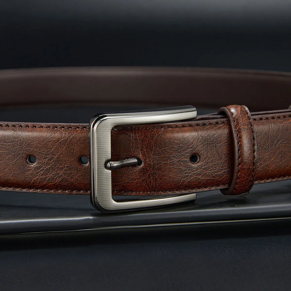 Men's Brown Leather Belt with Silver Buckle - Image 8