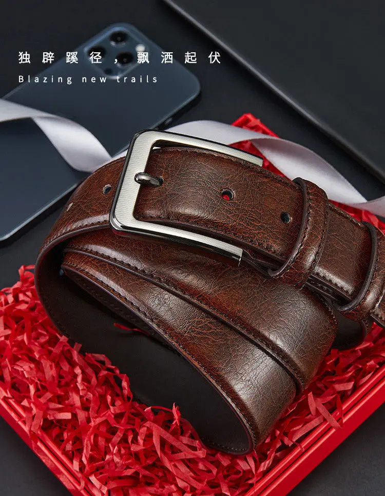 Men's Brown Leather Belt with Silver Buckle — feature 1