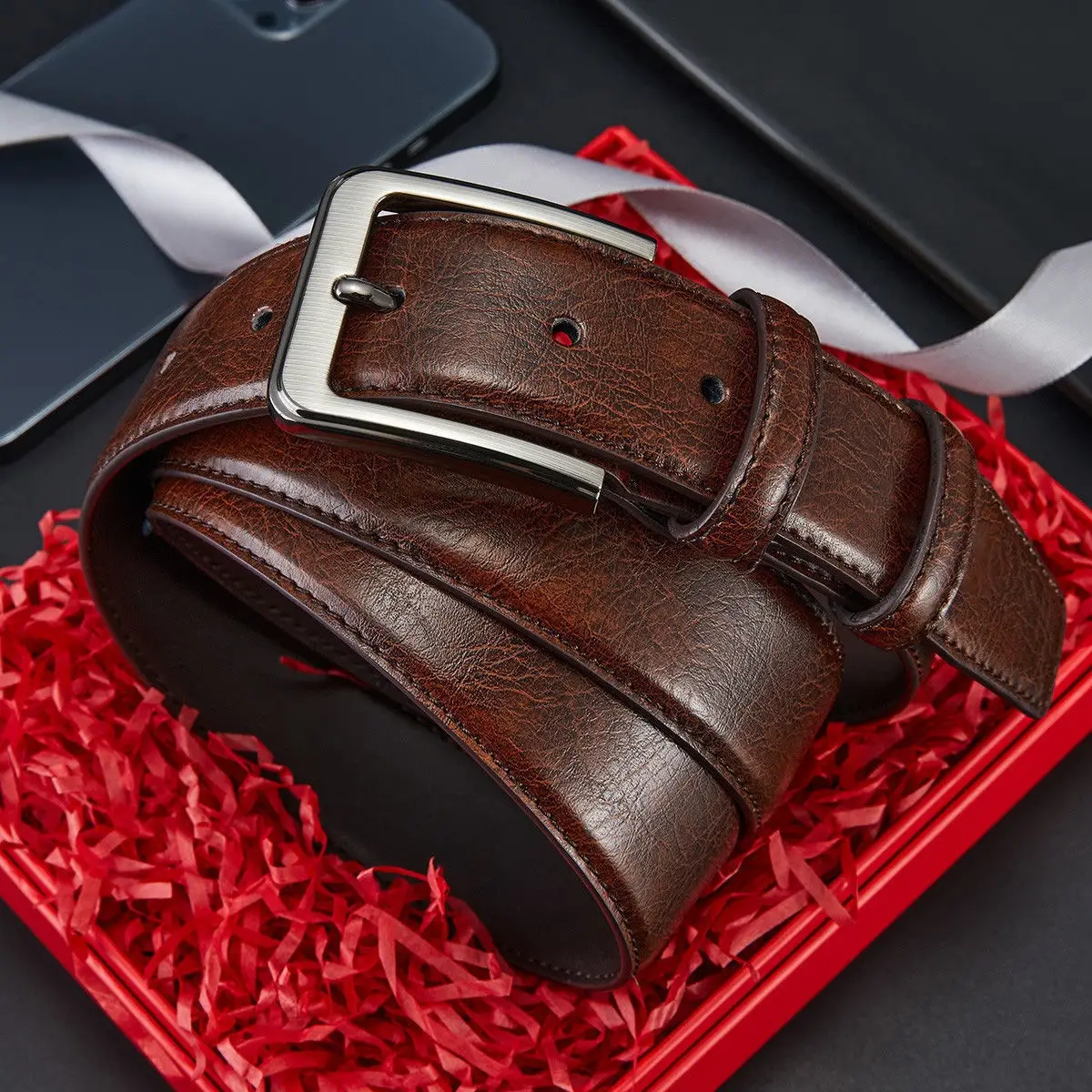 Men's Brown Leather Belt with Silver Buckle