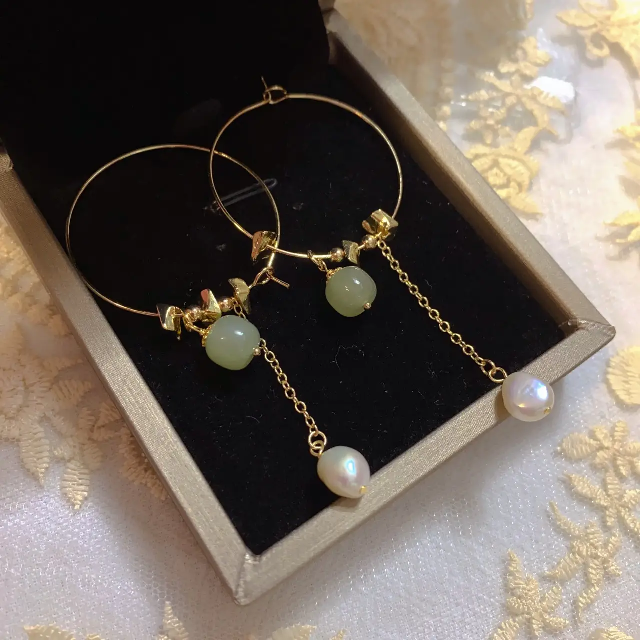 Natural Hetian Jade Pearl Earrings Gold Plated - Image 2