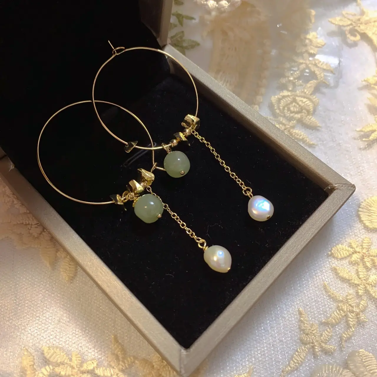 Natural Hetian Jade Pearl Earrings Gold Plated - Image 3