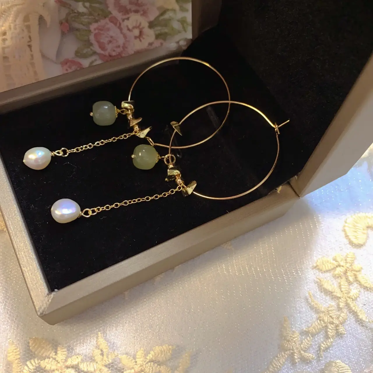 Natural Hetian Jade Pearl Earrings Gold Plated - Image 4