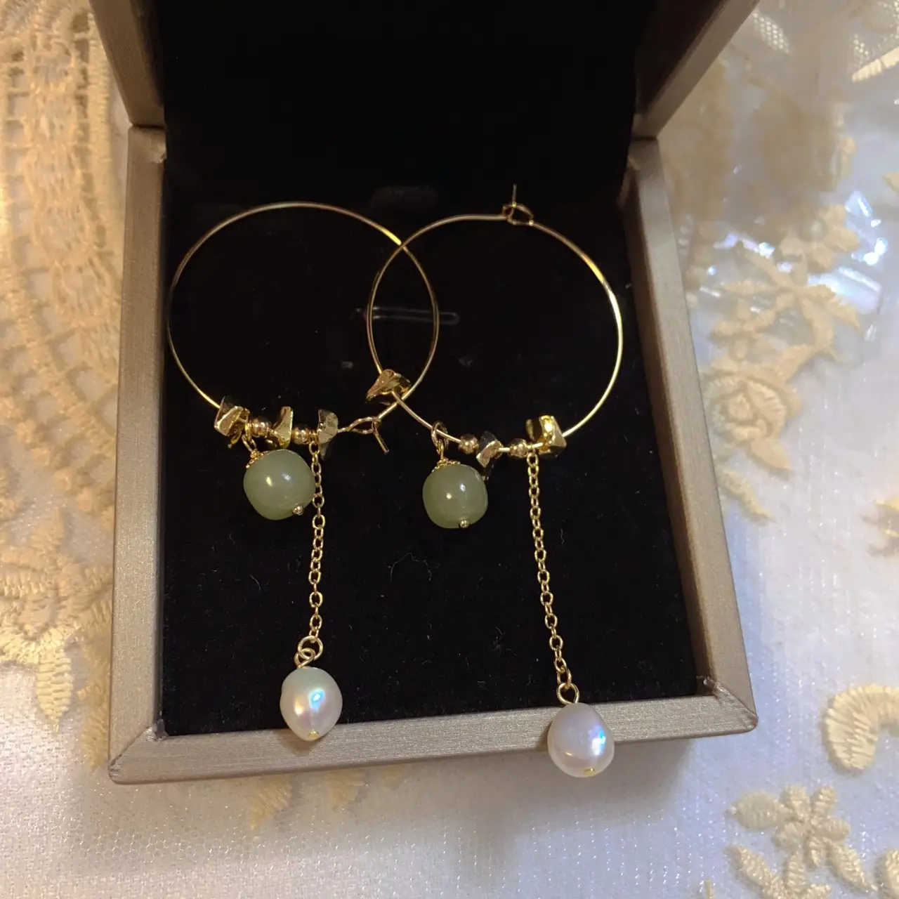Natural Hetian Jade Pearl Earrings Gold Plated - Image 5