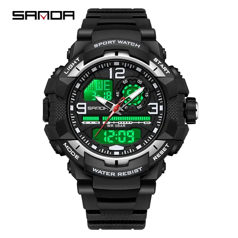 Sanda Waterproof Luminous Sports Watch Green Black - Image 3