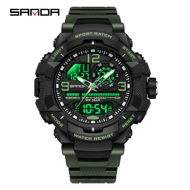 Sanda Waterproof Luminous Sports Watch Green Black - Image 7