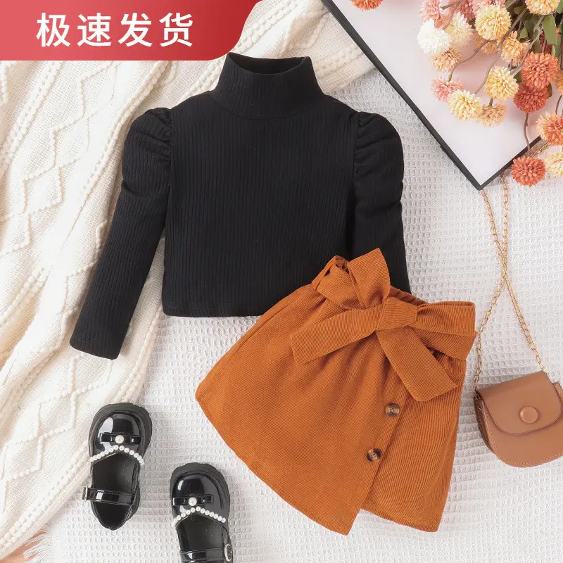 Girls Autumn Winter Suit Orange Bow Long Sleeve Corduroy Skirt - Image 2