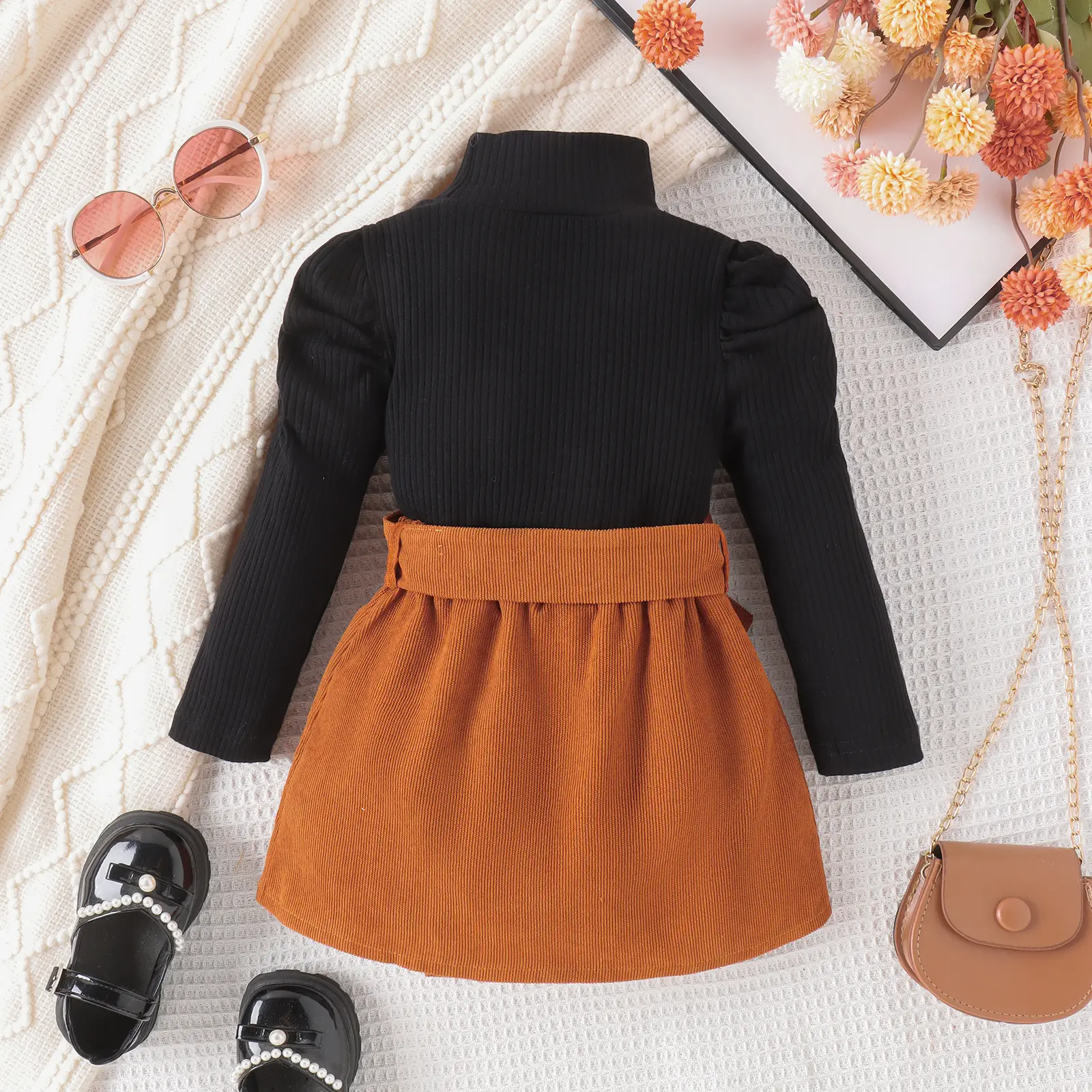 Girls Autumn Winter Suit Orange Bow Long Sleeve Corduroy Skirt - Image 3