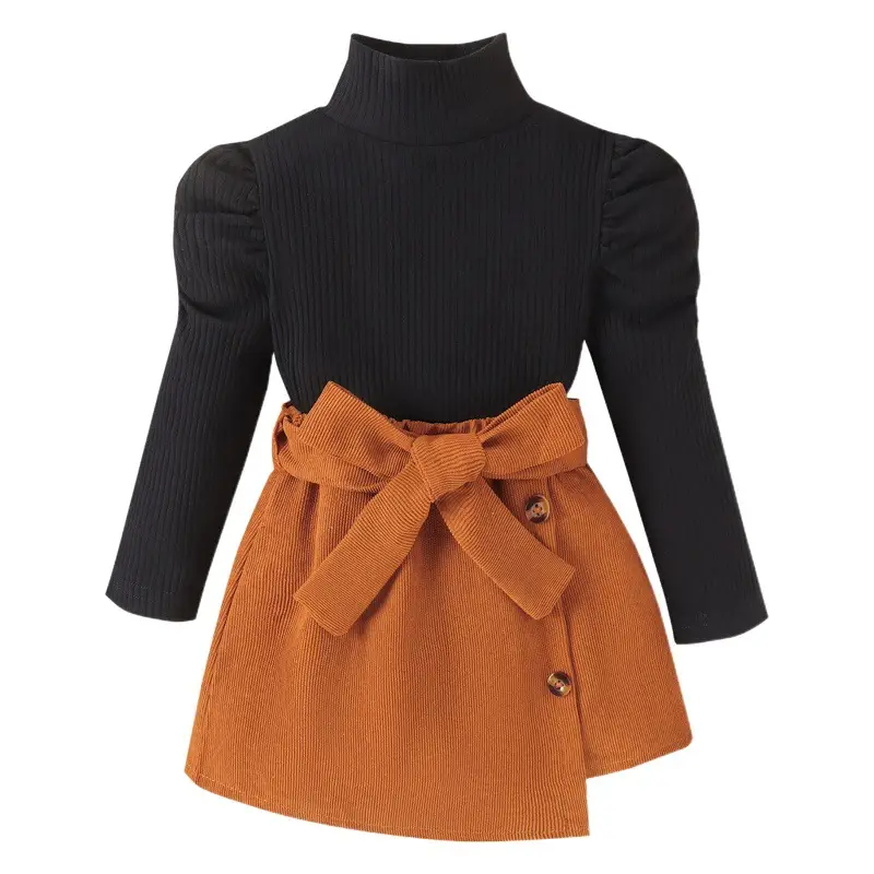 Girls Autumn Winter Suit Orange Bow Long Sleeve Corduroy Skirt