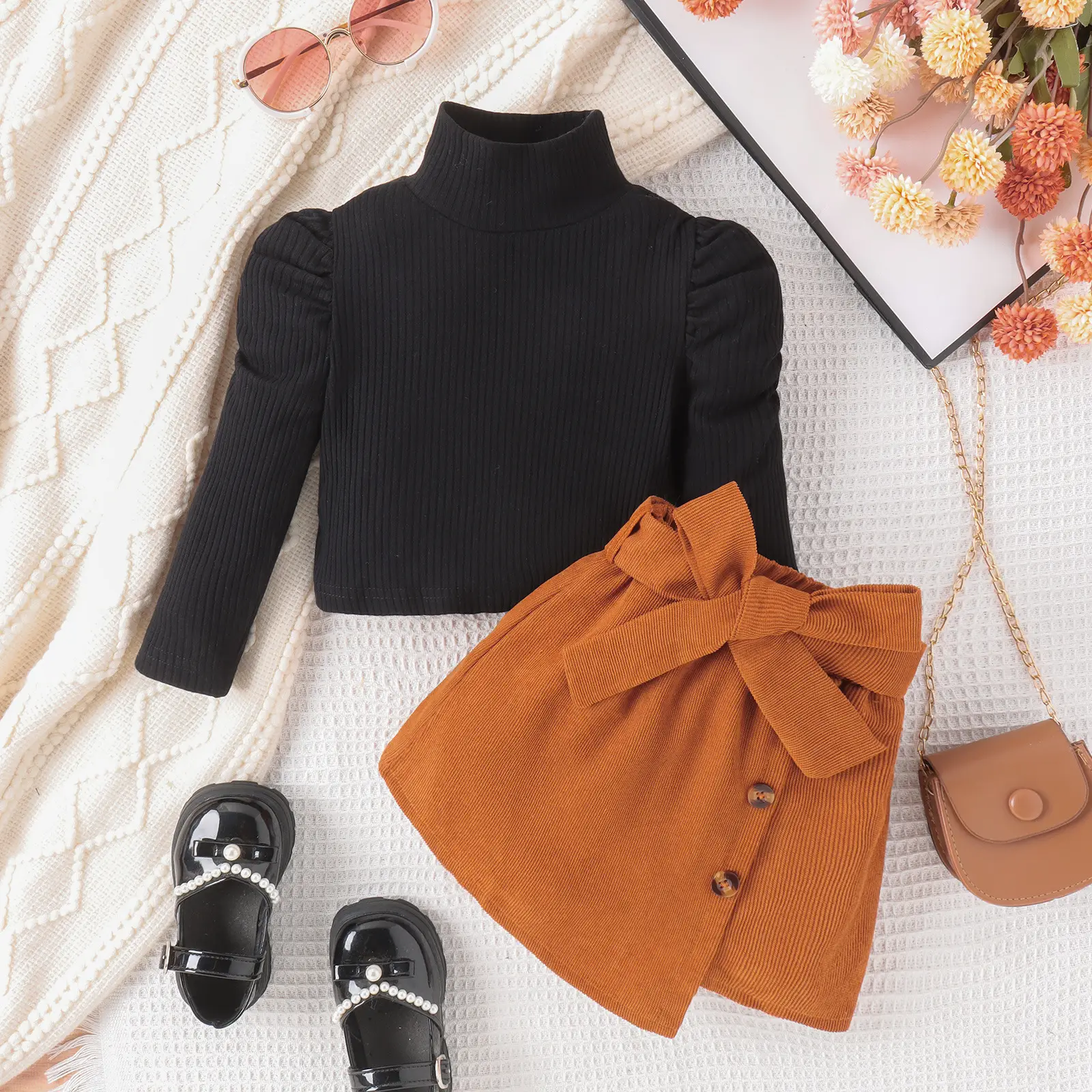Girls Autumn Winter Suit Orange Bow Long Sleeve Corduroy Skirt — feature 1