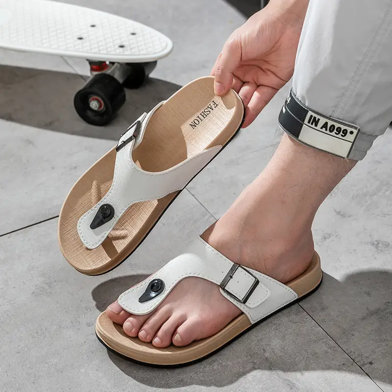 Men's White Leather Platform Sandals Casual All-Match