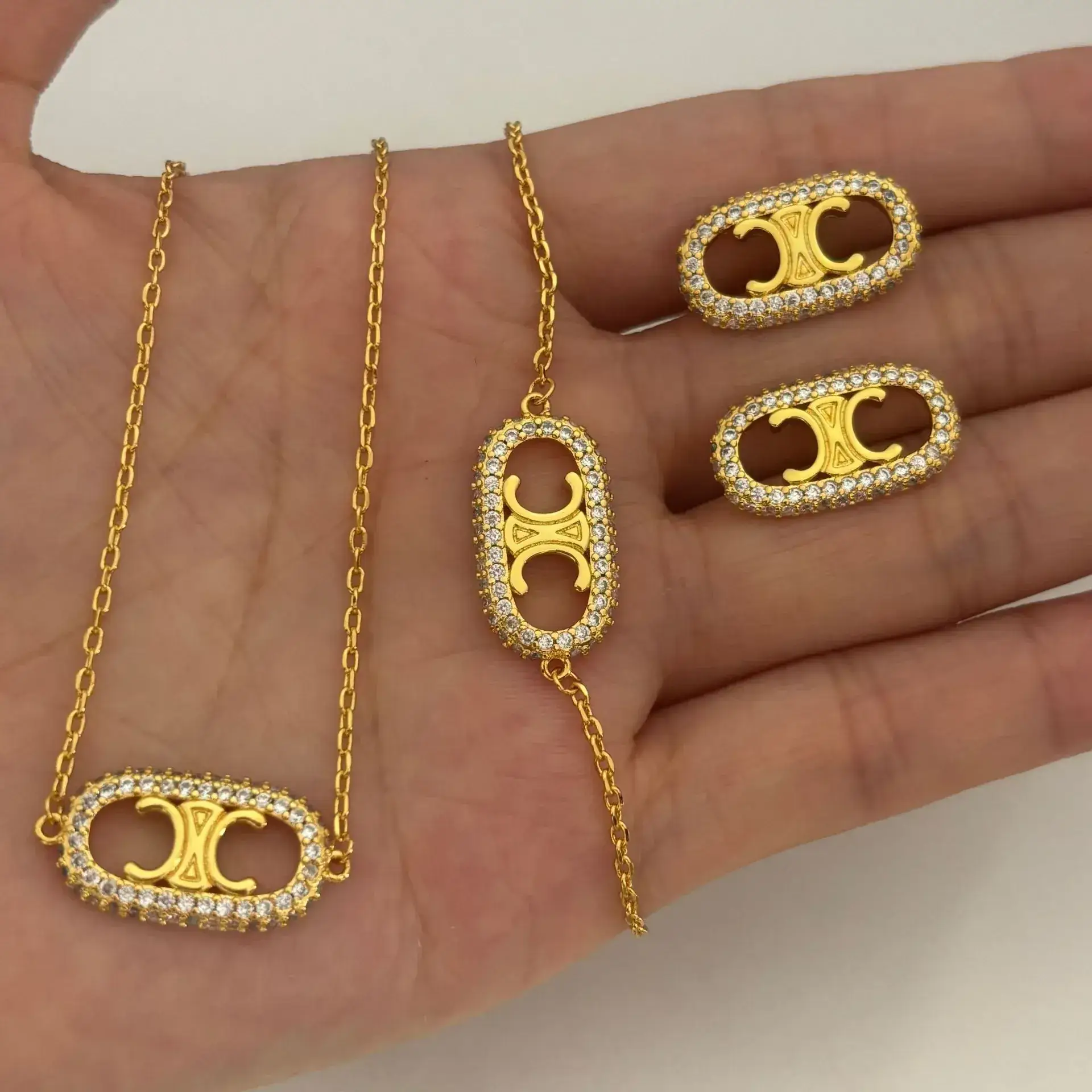 Gold Full Diamond Necklace with Cross-Border Design