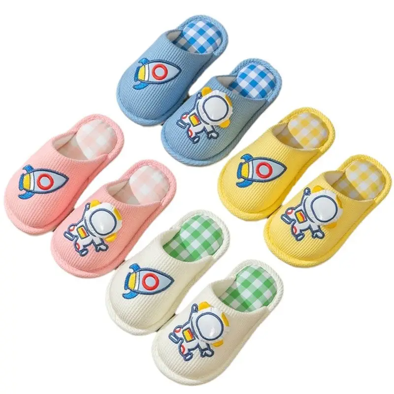 Xinwang cartoon linen slippers children's Four Seasons home wooden floor household mute cotton linen sweat-absorbent slippers with hair