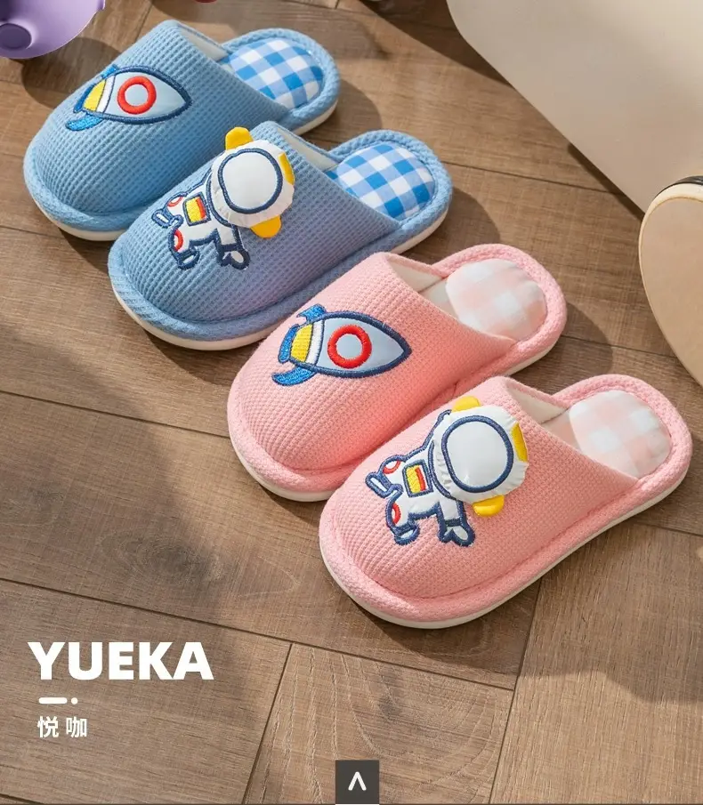 Xinwang cartoon linen slippers children's Four Seasons home wooden floor household mute cotton linen sweat-absorbent slippers with hair — feature 11