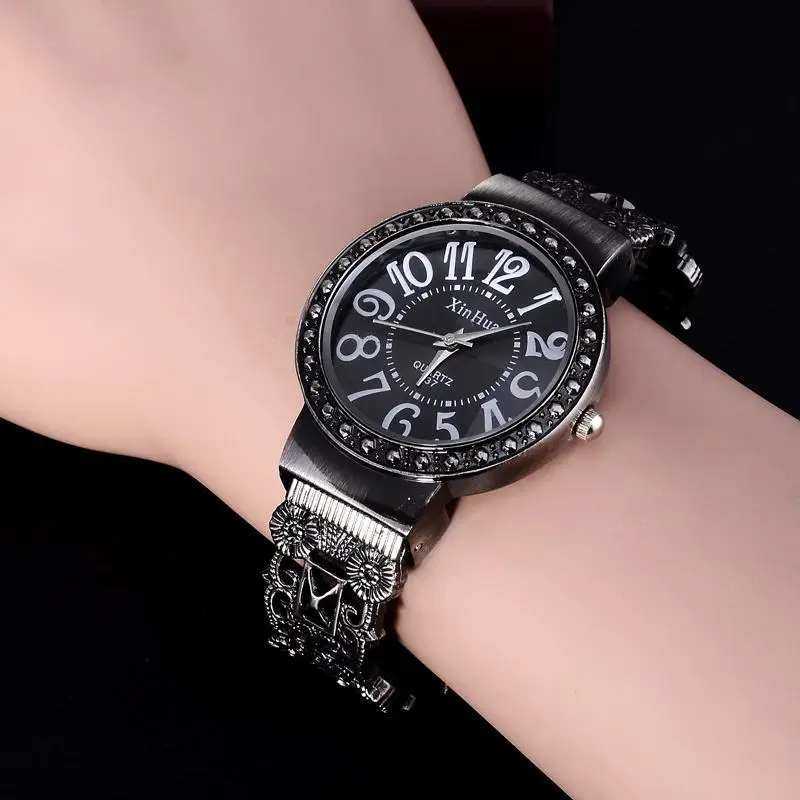 Women's Black Crystal Bracelet Watch with Diamond Dial