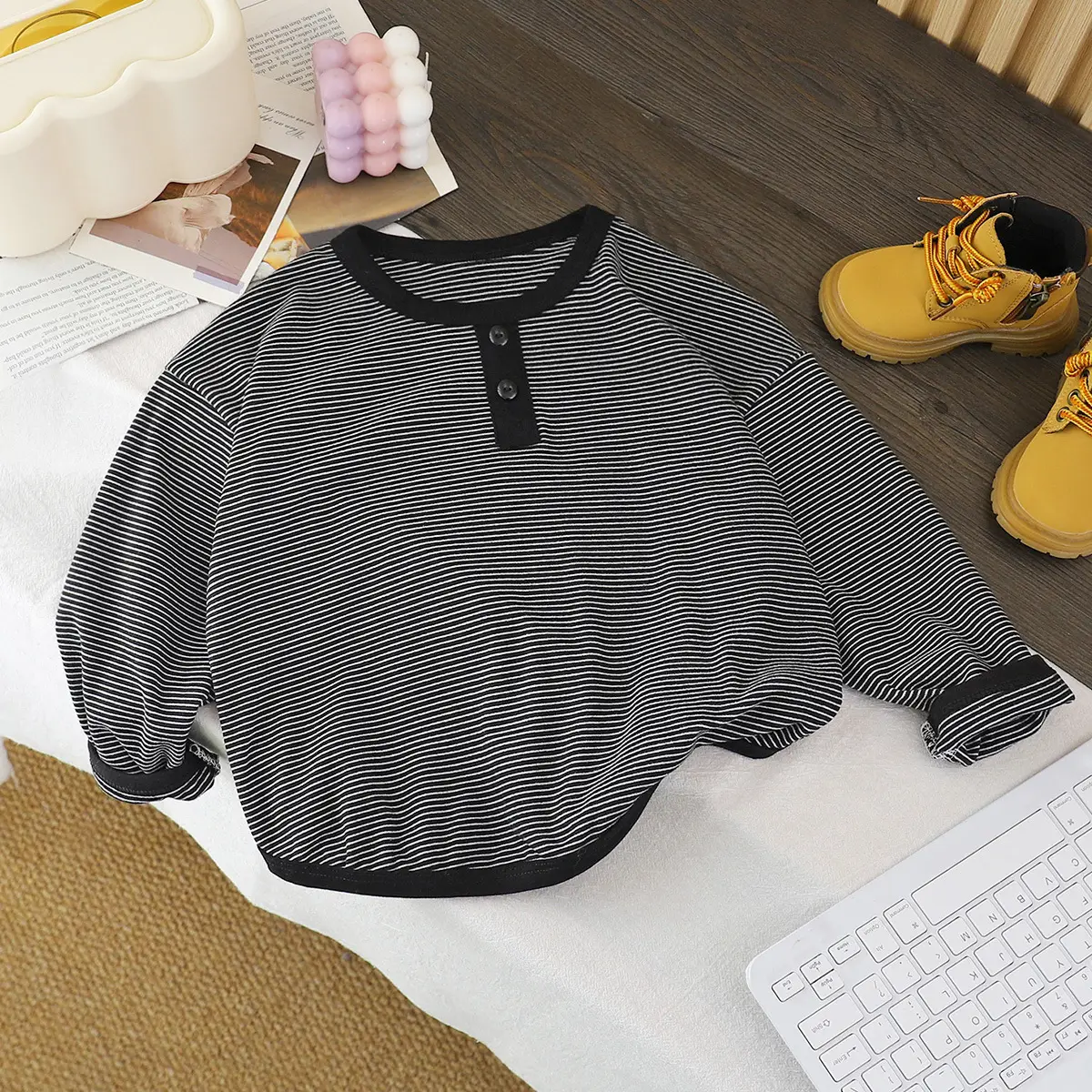 Children's Long Sleeve Thermal Base Layer Shirt Black Striped - Image 4