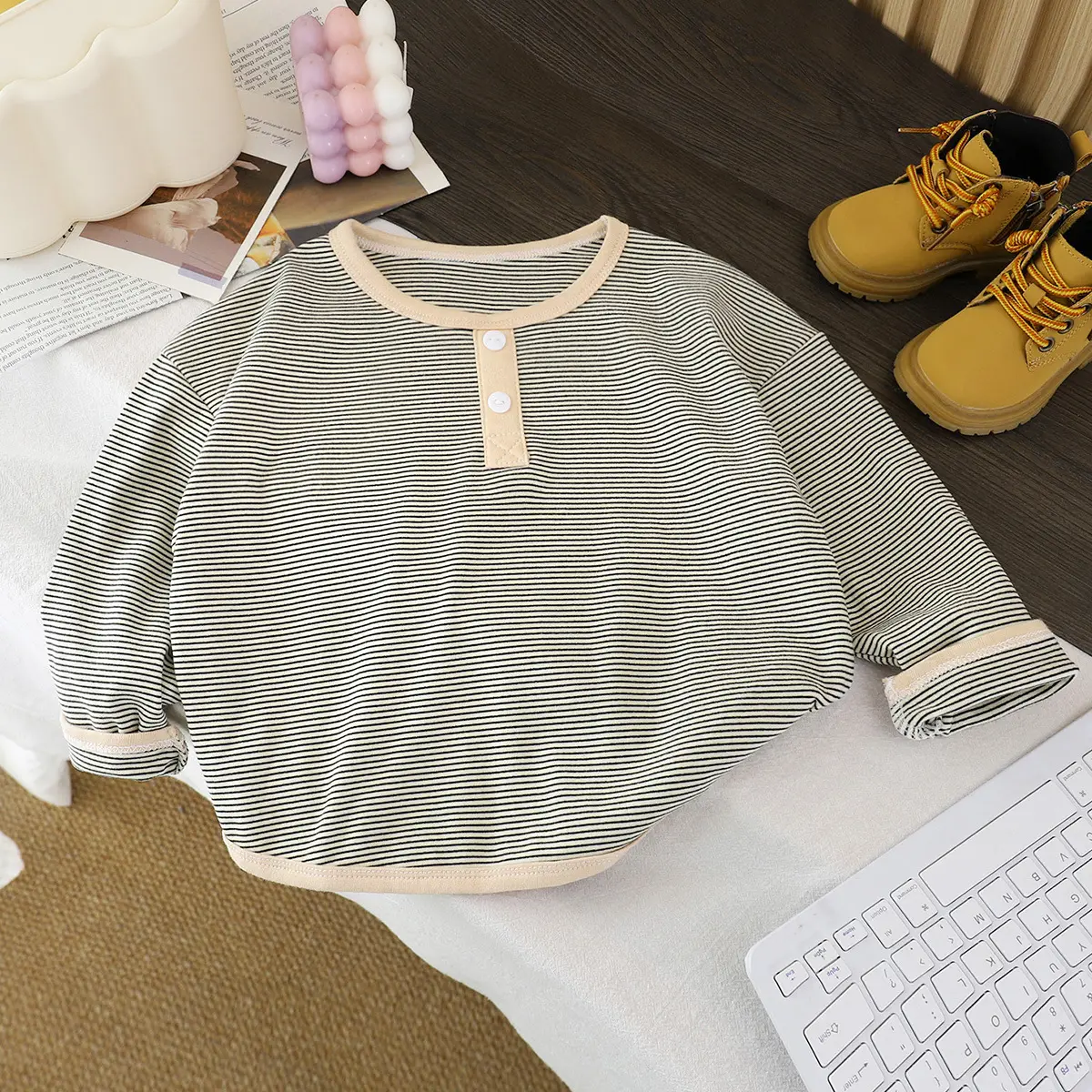 Children's Long Sleeve Thermal Base Layer Shirt Black Striped - Image 5