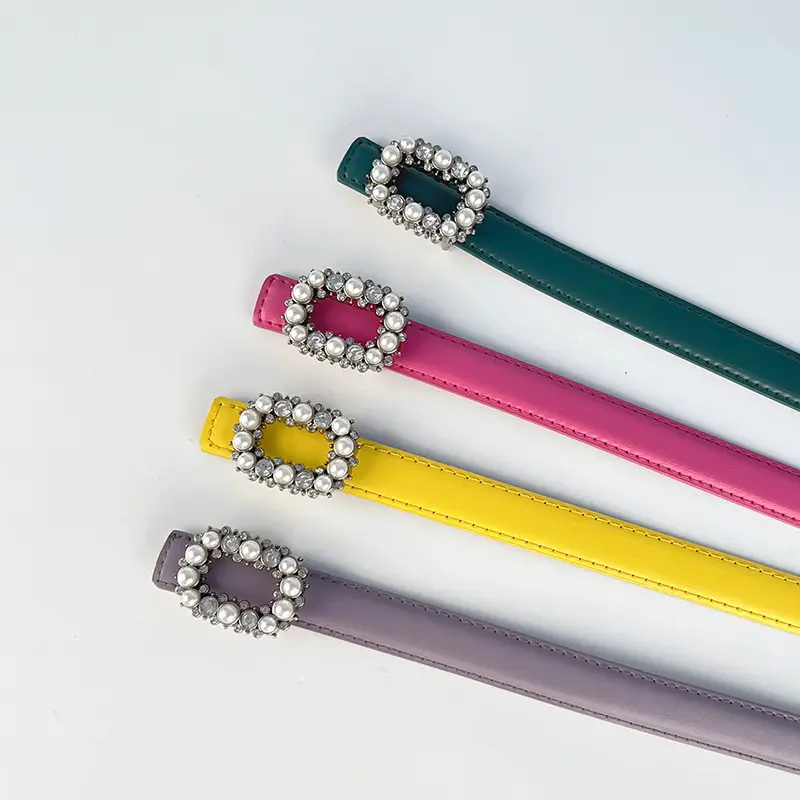 Thin Genuine Leather Belt with Pearl Rhinestone Decor - Image 27