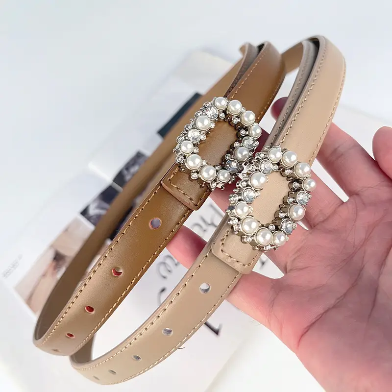 Thin Genuine Leather Belt with Pearl Rhinestone Decor - Image 28