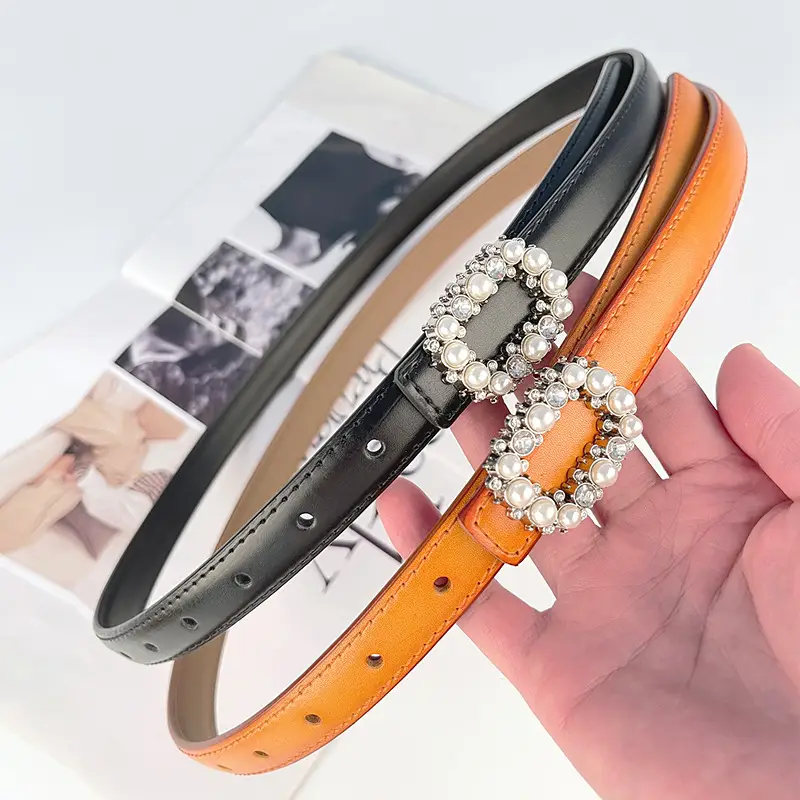 Thin Genuine Leather Belt with Pearl Rhinestone Decor - Image 29
