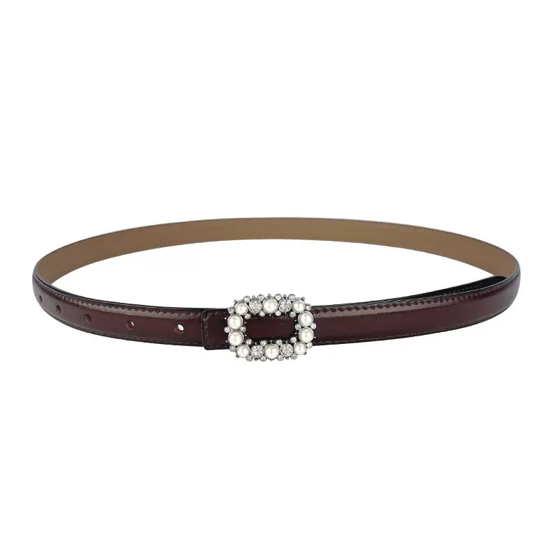 Thin Genuine Leather Belt with Pearl Rhinestone Decor - Image 30