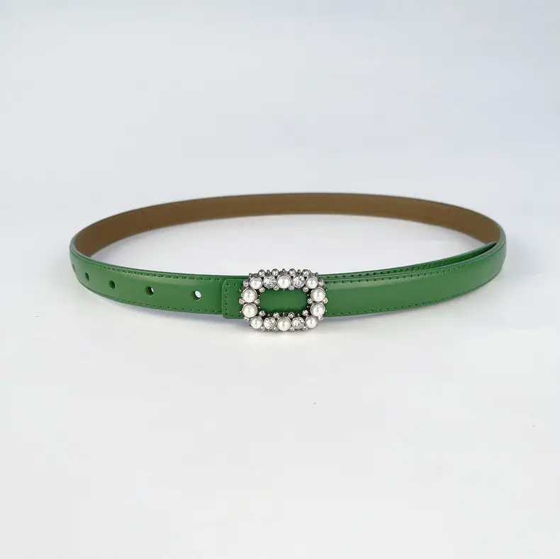 Thin Genuine Leather Belt with Pearl Rhinestone Decor — feature 10