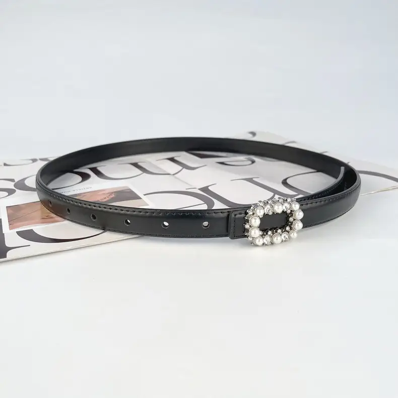 Thin Genuine Leather Belt with Pearl Rhinestone Decor — feature 11