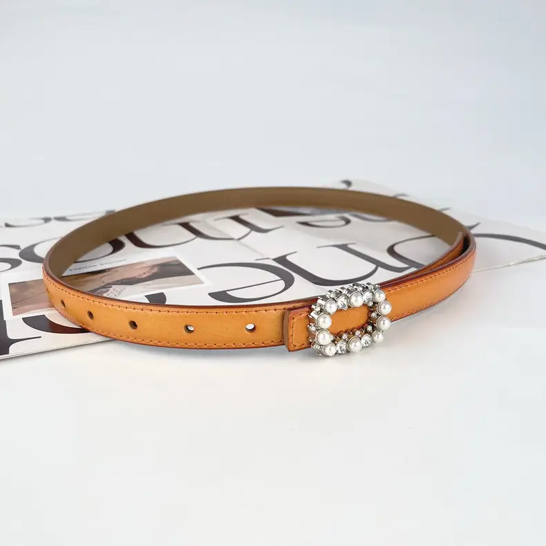 Thin Genuine Leather Belt with Pearl Rhinestone Decor — feature 12