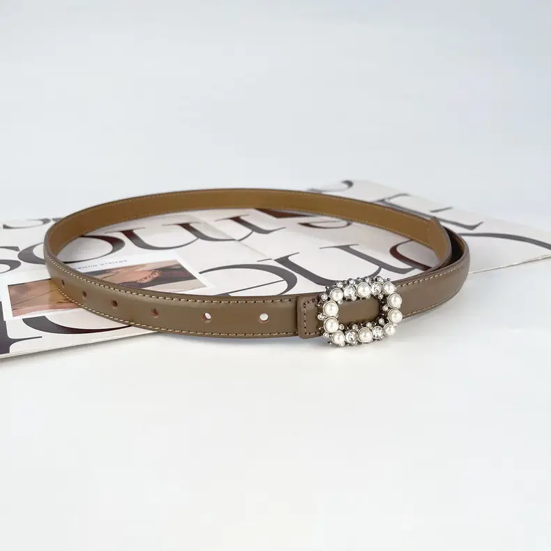 Thin Genuine Leather Belt with Pearl Rhinestone Decor — feature 13